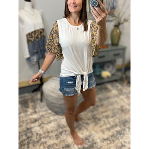 “If I Were A Butterfly” Floral Short Flutter Sleeve Round Neck Self Tie Bottom Top Yellow S/M/L