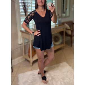 "All About The Lace" Lace Short Sleeve V-Neck Rounded Bottom Dressy Black S/M/L/XL