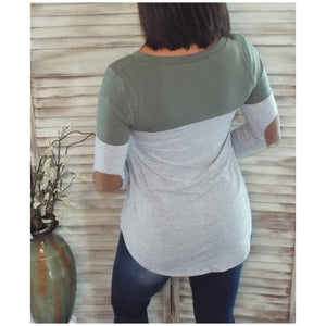 Suede Pocket Elbow Detail V Neck Floaty Color Block Tunic 3/4 Sleeve Olive Gray