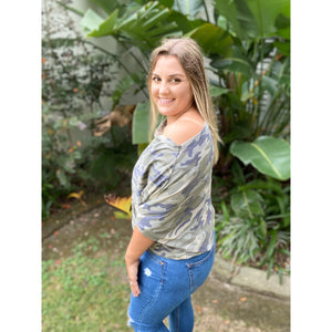 “This Girl Wears Camo” Camouflage Off Shoulder Open Neck Dolman Long Sleeve Top Green