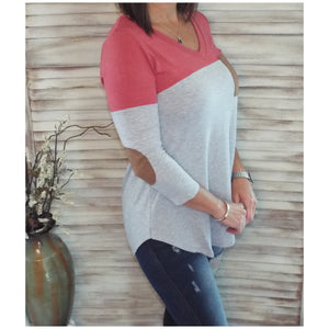 Suede Pocket Elbow Detail V-Neck Floaty Tunic 3/4 Sleeve Pink Gray S/M/L/XL