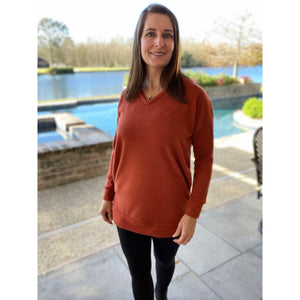 “Falling In Love” Oversized Pocket Sweater V Neck Split Side Banded Bottom Rust