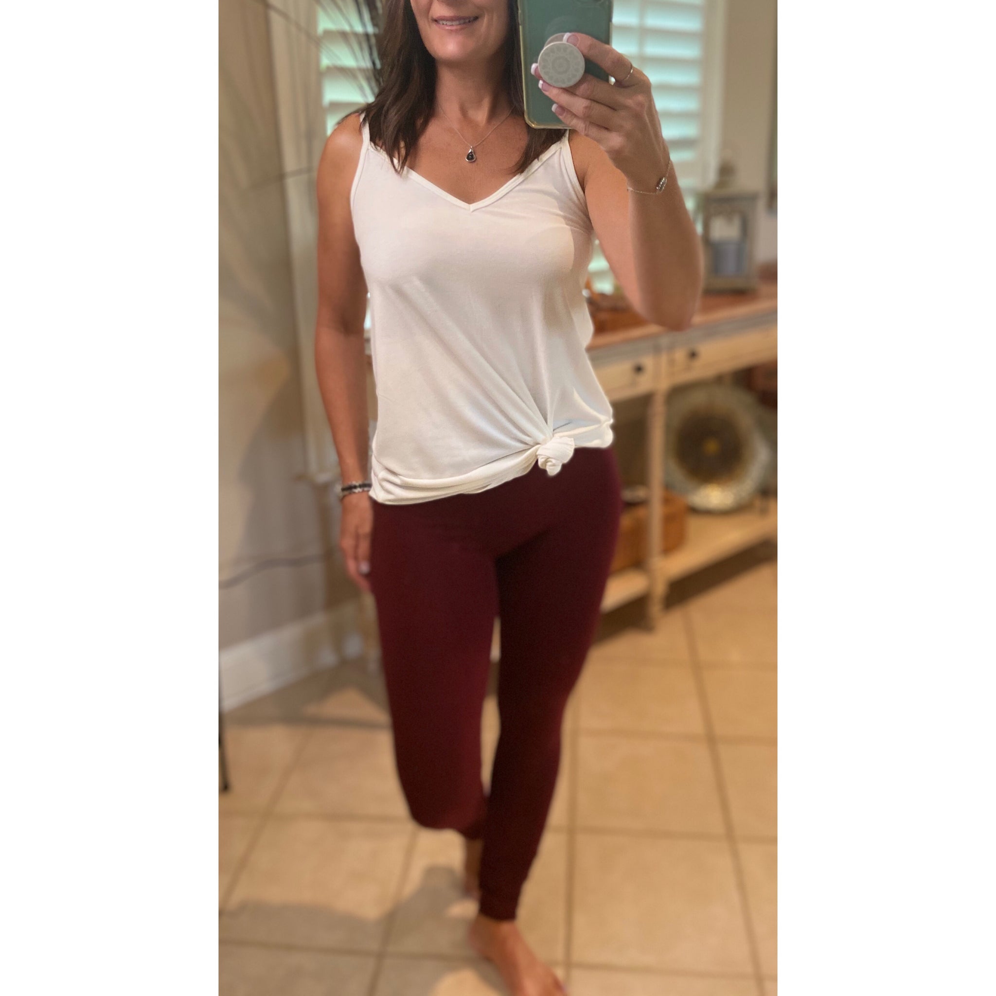 "Cozy Days" Thick Fleece Ribbed Waistband Leggings Stretch Yoga Lounge Pants Burgundy