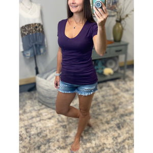 “Basic Babe” Low Cut V-Neck Cleavage Baby Slimming Basic Tee Shirt Dk Purple