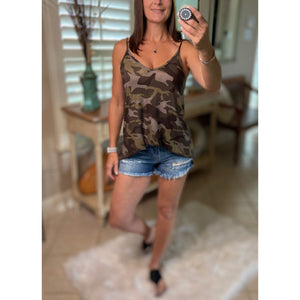 “Heat Wave” Reversible Camouflage Low Scoop Or V Neck Spaghetti Strap Tank Top Green