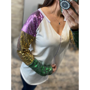 “Let The Good Times Roll” Mardi Gras Sequined Color Block Sleeves French Terry Purple Green & Gold Ivory S/M/L/XL