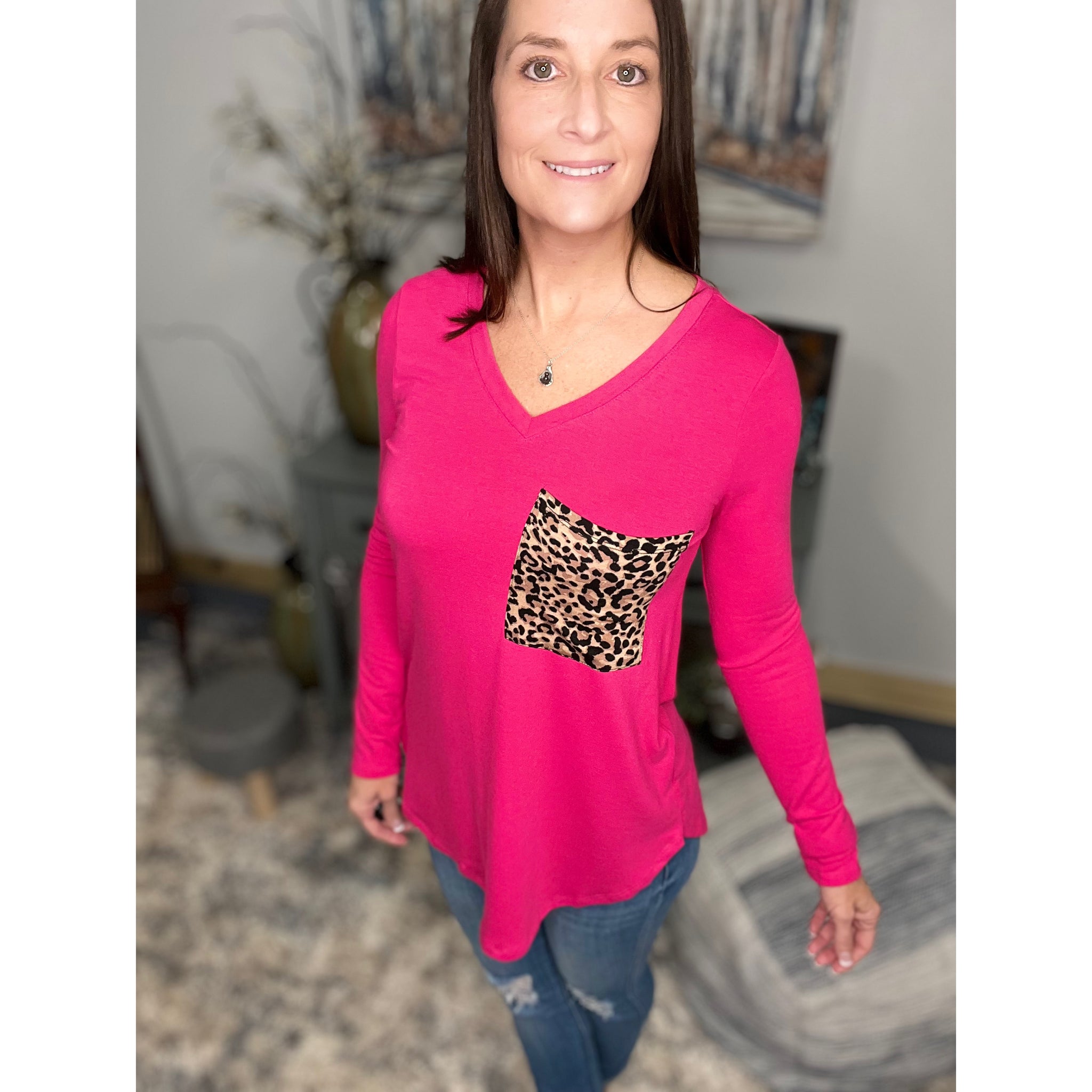 “Blind Faith“ V Neck Soft Jersey Knit Floaty Animal Print Leopard Pocket Long Sleeve Hot Pink