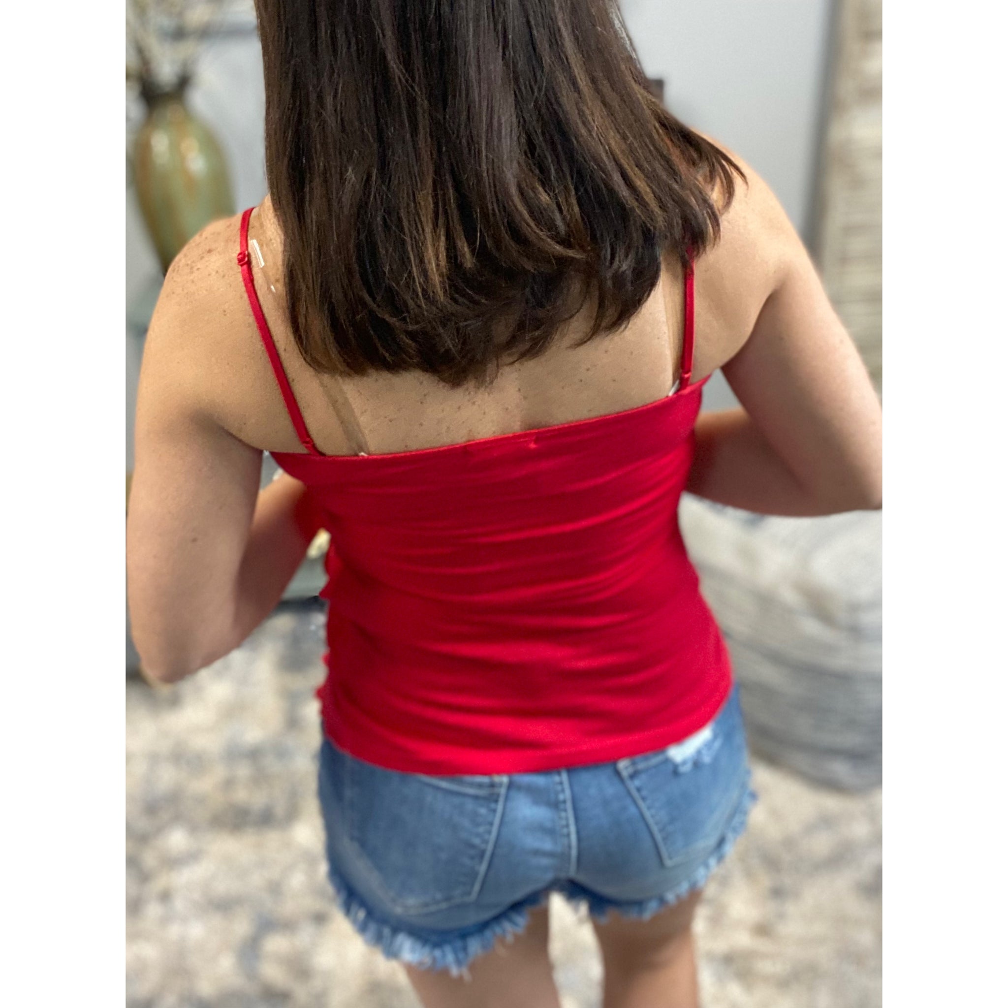Tiered Ruffle Lace Scoop Neck Low Cut Cleavage Tank Cami Top Red 1X/2X/3X