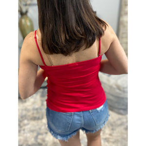 Tiered Ruffle Lace Scoop Neck Low Cut Cleavage Tank Cami Top Red 1X/2X/3X