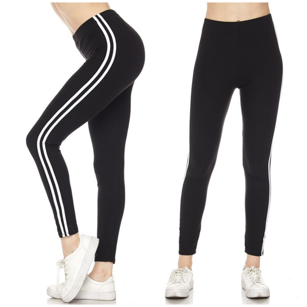 Sporty Striped Leggings Stretch Ankle Lounge Pants Black OS