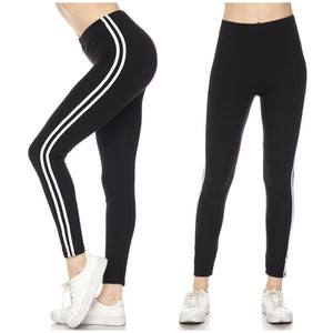 Sporty Striped High Rise Athletic Leggings Stretch Ankle Length Lounge Pants Black OS