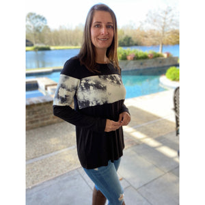 "Paint The Town" Tie Dye Color Block Scoop Neck Long Sleeve Black