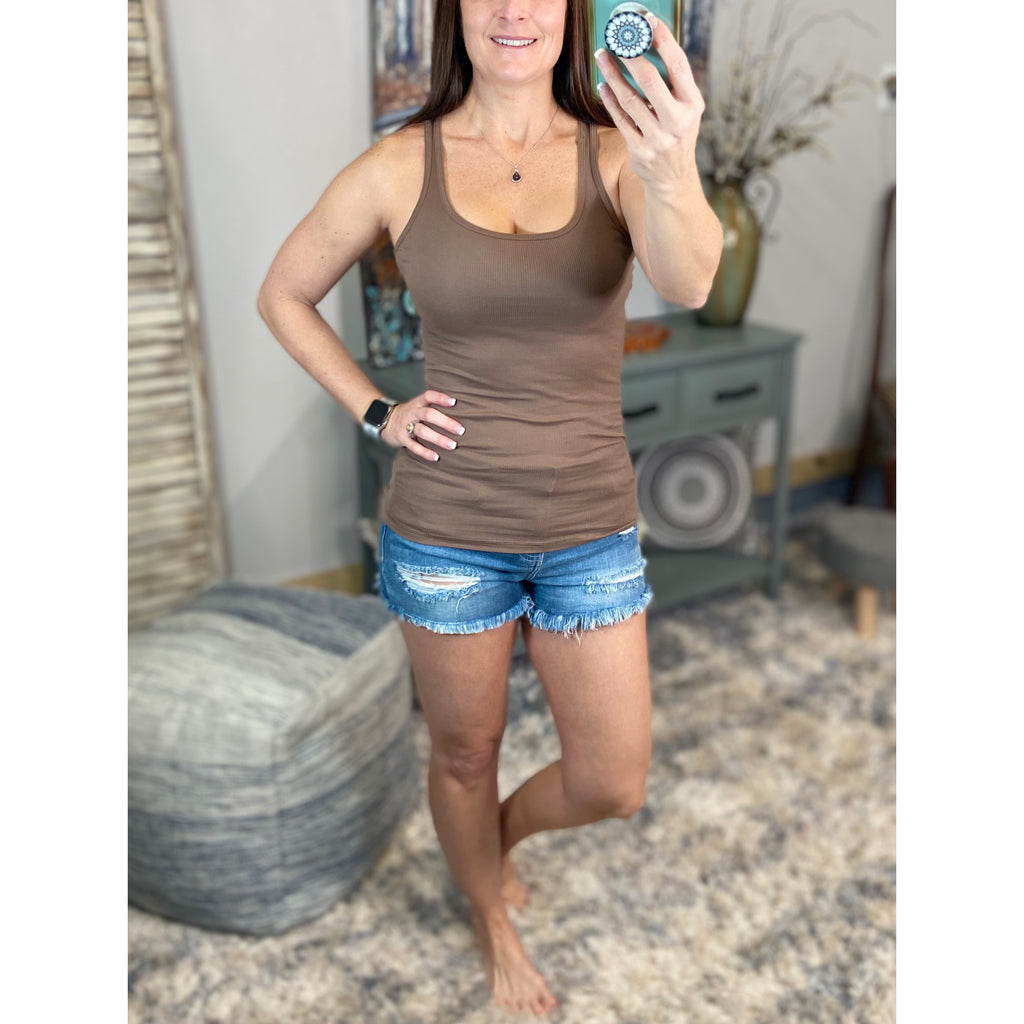 "Can't Touch This" Ribbed Low Scoop Boy Beater Cleavage Fitted Tank Top Mocha S/M/L/XL