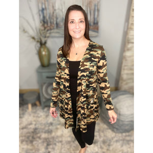 “Suspicious Love” Open Long Cardigan Pocket Asymmetrical Light Long Sleeve Open Front Camouflage