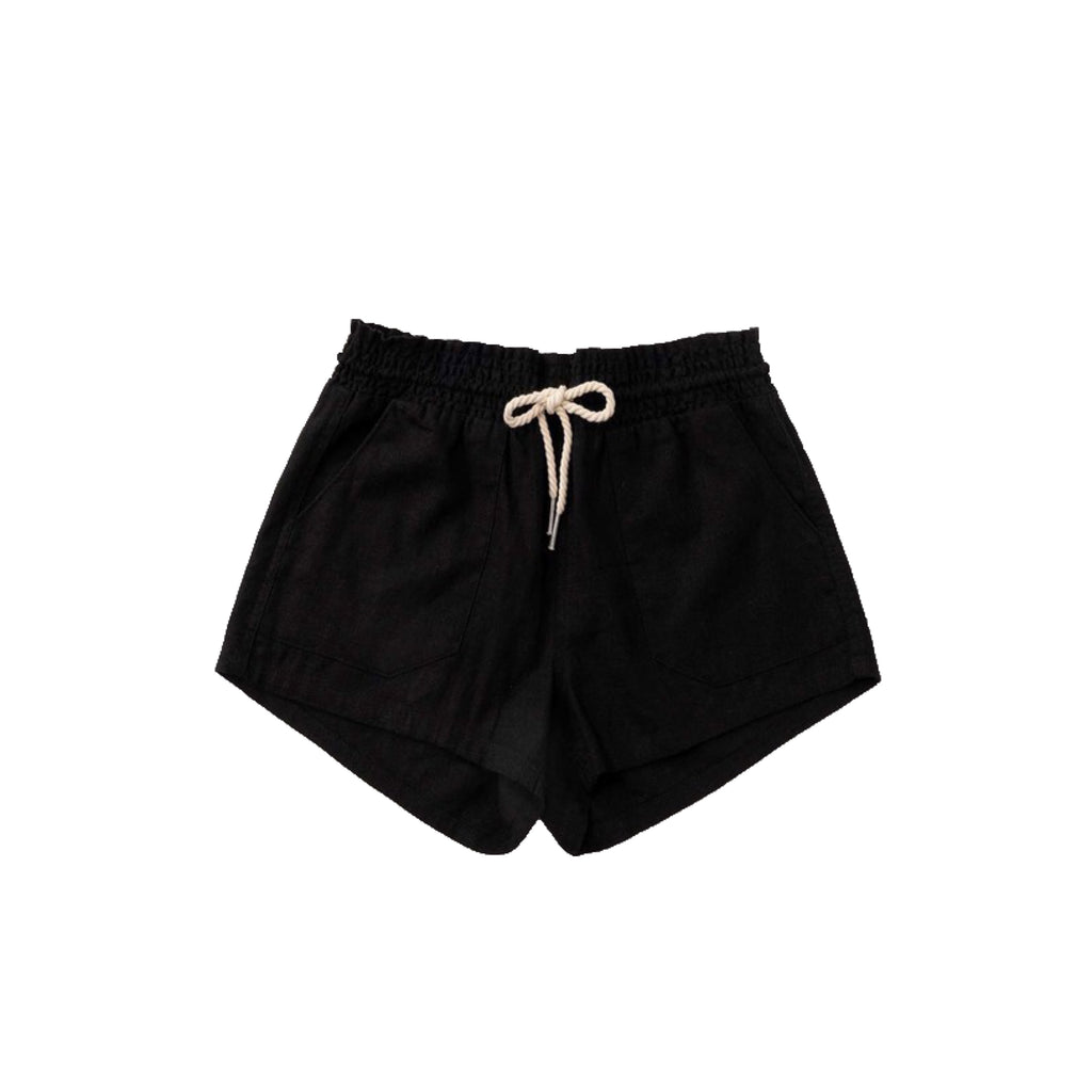 Basic Linen Pocket Drawstring Elastic Waist Dressy Shorts Bottoms Black