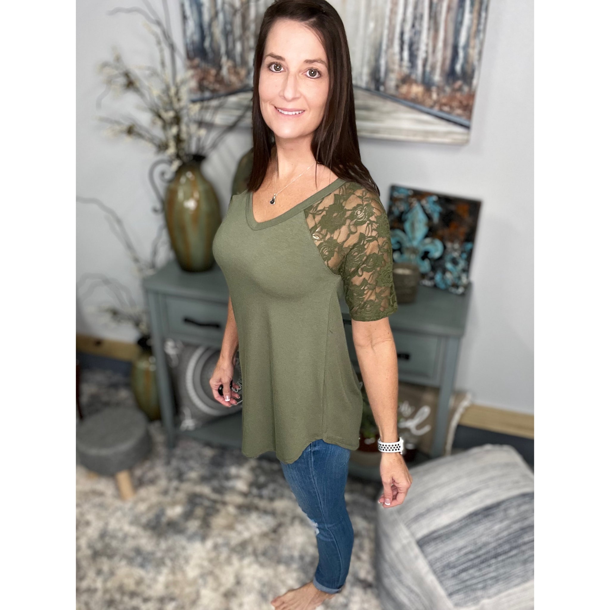 "All About The Lace" Lace Short Sleeve V Neck Rounded Bottom Dressy Floaty Girly Olive Green