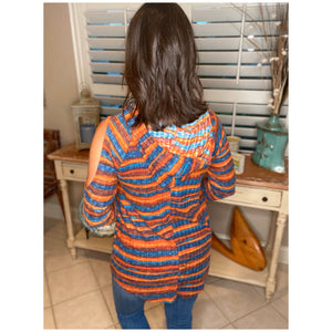 "Anything Is Possible" Striped Split Cold Shoulder Hoodie Light Sweater Long Sleeve Orange Multi S/M/L