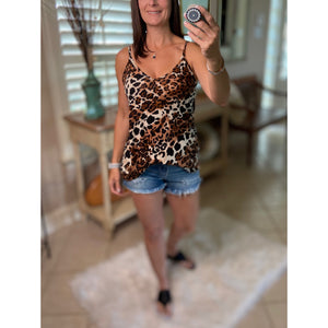 “Heat Wave” Reversible Leopard Low Scoop Or V Neck Spaghetti Strap Tank Top Brown