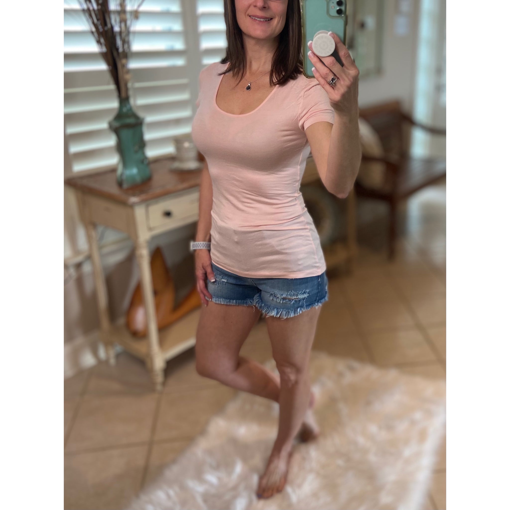 Scoop Neck Boyfriend Stretch Short Sleeve Baby Tee Shirt Pale Pink