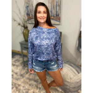 "That's a Wrap" Multi Tie Dye Snap Detail Thermal Wide Neck Off Shoulder Banded Blue Top S/M/L