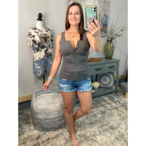 “Let The Sun Shine” Ribbed Henley Low Cut Boy Beater Cleavage Fitted Tank Top Gray
