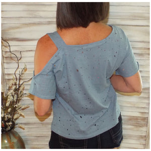 Very Sexy Distressed One Cold Shoulder Cutout Top Blue S/M/L
