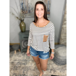 “That Smiling Face” Sporty Striped Contrast Trim Pocket Long Sleeve Round Neck Jersey Stretch Shirt White Black