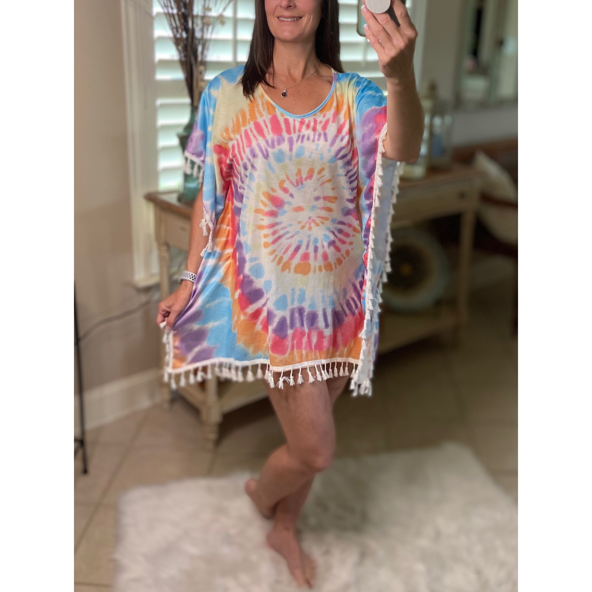 “Beach Bound” Tie Dye Chic Boho Tassel Hem Beach Mini Cover Up Vibrant One Size