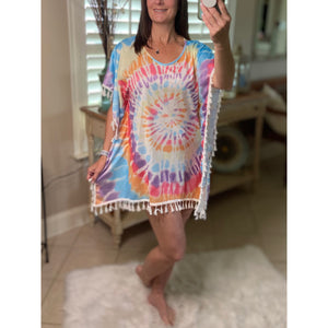 “Beach Bound” Tie Dye Chic Boho Tassel Hem Beach Mini Cover Up Vibrant One Size