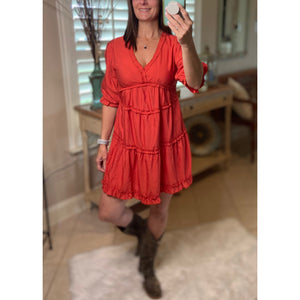 “Say You Won’t Let Go” Boho Tiered Ruffle Trim V Neck Half Sleeve Western Peasant Babydoll Dress Rust