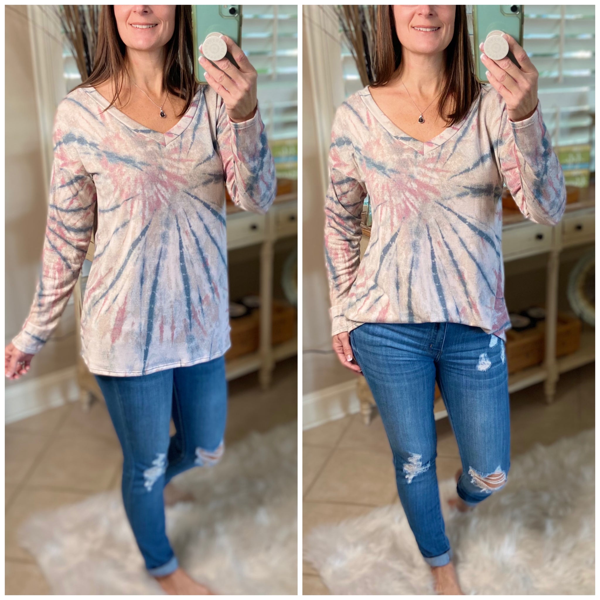 “Sunday Afternoon” Tie Dye French Terry V-Neck Long Sleeve Floaty Light Pink