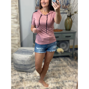 Sexy Sporty Crew Neck Striped Sleeve Drawstring Hoodie Mauve Pink S/M/L