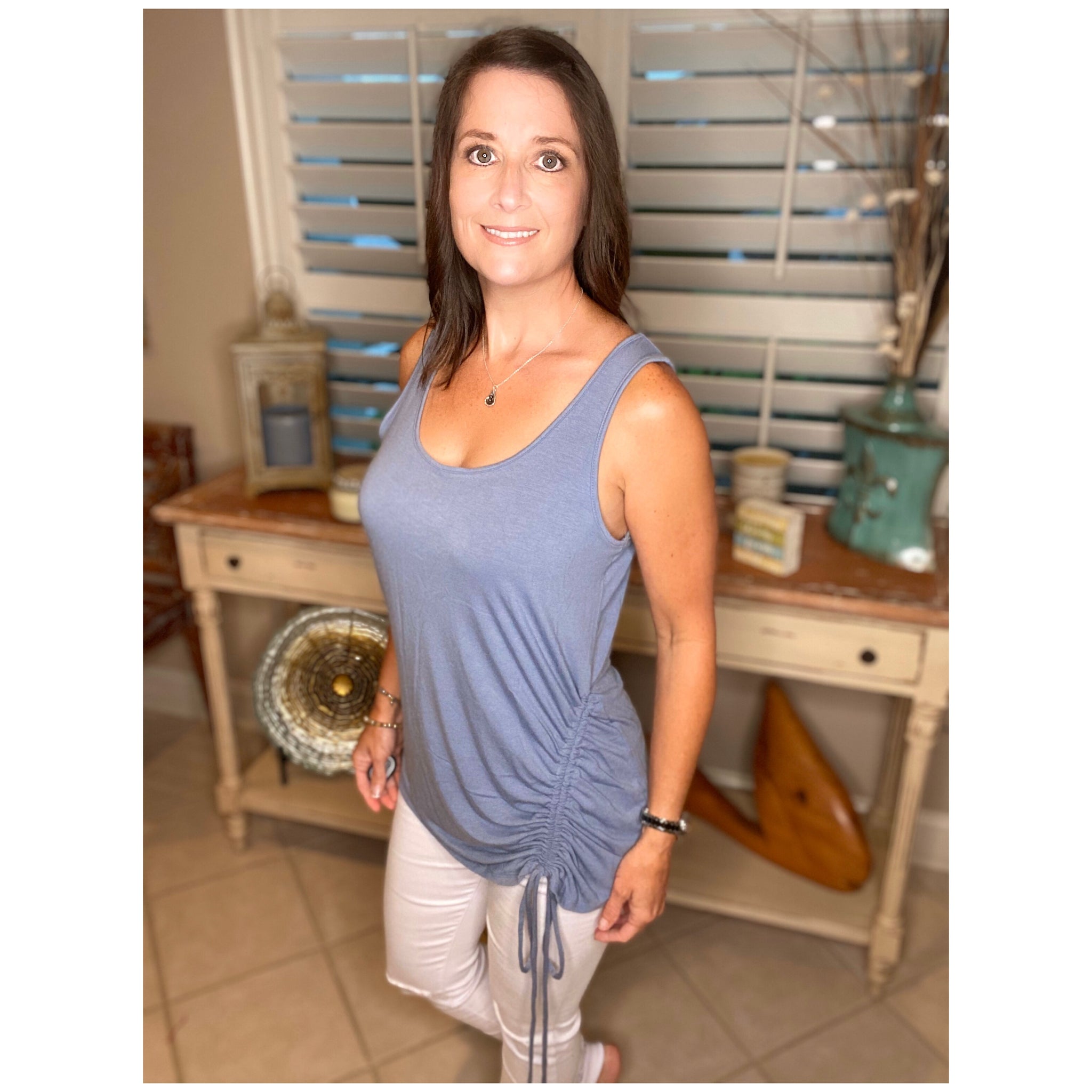 Scoop Neck Adjustable Ruched Side Tie Loose Sleeveless Tank Top Blue S/M/L/XL
