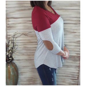 Suede Pocket Elbow Detail V-Neck Floaty Tunic 3/4 Sleeve Wine Gray S/M/L/XL