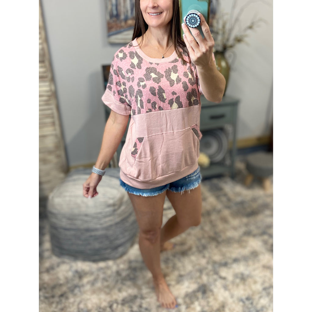 "I'm Making Moves" Leopard Color Block Scoop Neck Ribbed Kangaroo Pocket Pink S/M/L/XL