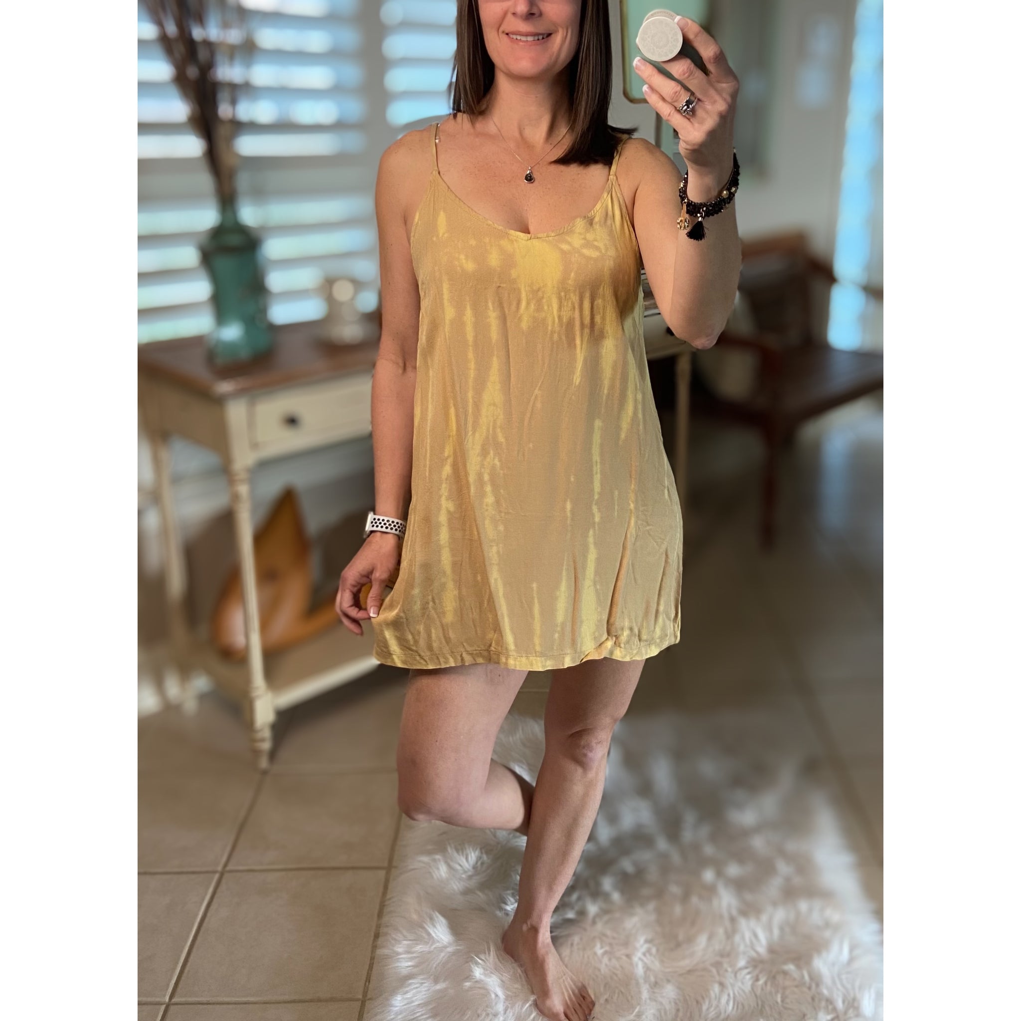 “Day at the Pool” Sexy Tie Dye Mini Dress V Neck Cami Tank Adjustable Spaghetti Strap Yellow