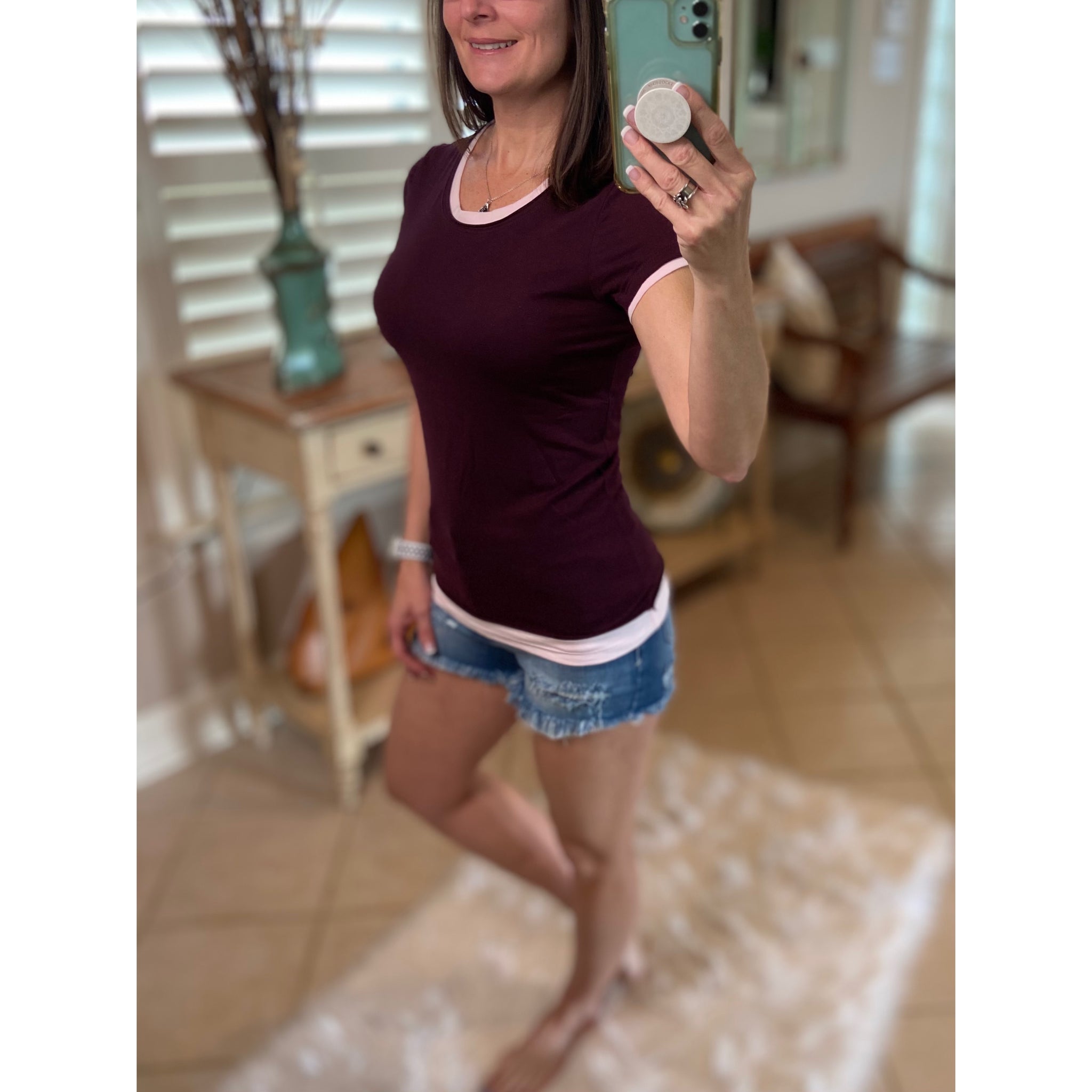 Very Sexy Crew Neck Baby Slimming Sheer Top Tee Brown Maroon Trim S/M/L/XL/XXL