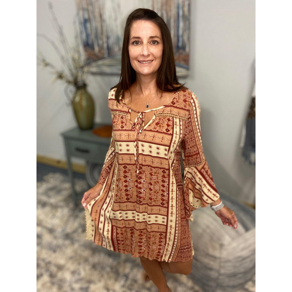 "Falling for You" Floral Bell 3/4 Sleeve Keyhole Tie Floaty Shift Tunic Dress Pink S/M/L