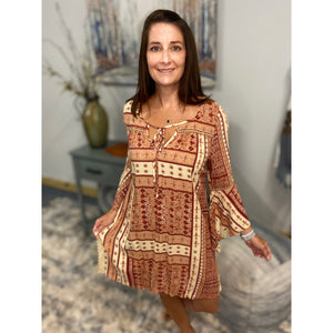 "Falling for You" Floral Bell 3/4 Sleeve Keyhole Tie Floaty Shift Tunic Dress Pink S/M/L