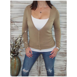 Sexy Preppy Cropped Cleavage Button Up Cardigan Long Sleeve Sweater Khaki Tan
