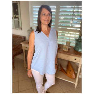 Very Sexy Pleated V Neck Sleeveless Floaty Woven Textured Tank Top Light Blue