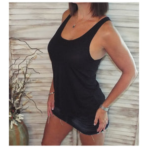 Sexy Scoop Neck Racerback Floaty Sleeveless Raw Edge Hem Tank Top Black S/M/L
