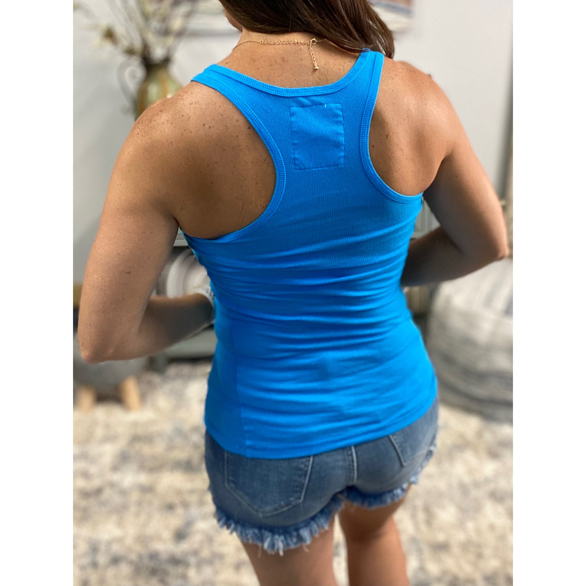 "Can't Touch This" Ribbed Low Scoop Boy Beater Cleavage Fitted Tank Top Deep Sky Blue S/M/L/XL