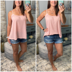 “Go With The Flow" Scoop Neck Spaghetti Strap Floaty Textured Tank Shirt Top Blush Pink S/M/L/XL