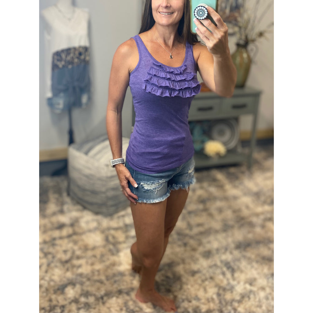 Tiered Ruffle Scoop Neck Sleeveless Bust Low Urban Boho Tank Top Melange Purple