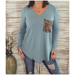 V Neck Floaty Leopard Animal Print Pocket Long Sleeve Floaty Loose Blue