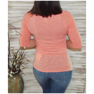 "Come Together" V-Neck Crochet Plunge Cleavage Military 3/4 Cuff Sleeve Top Peach S/M/L