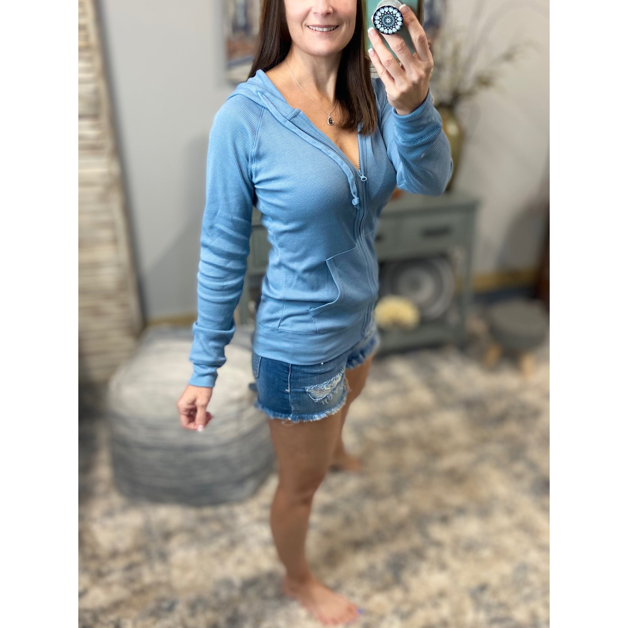 "Get Cozy" Zip Up Waffle Thermal Hoodie Long Sleeve Kangaroo Pocket Light Jacket Yoga Light Blue