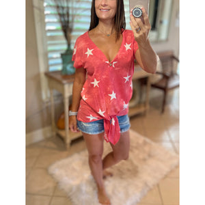 "Don't Stop Believing" Star Print 4th of July America Floaty Henley Self Tie Red S/M/L