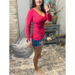 Deep V-Neck Cleavage Thermal Waffle Knit Slimming Shirt Top Pink